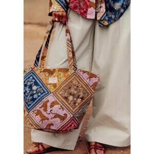 Sezane Inoui Print Tote Bag Patchwork Canvas Cotton Big Leopard Purse